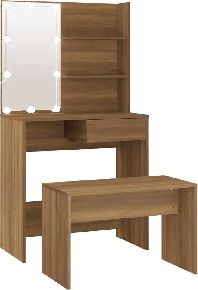 vidaXL Set de masă de toaletă cu LED, stejar maro, lemn prelucrat