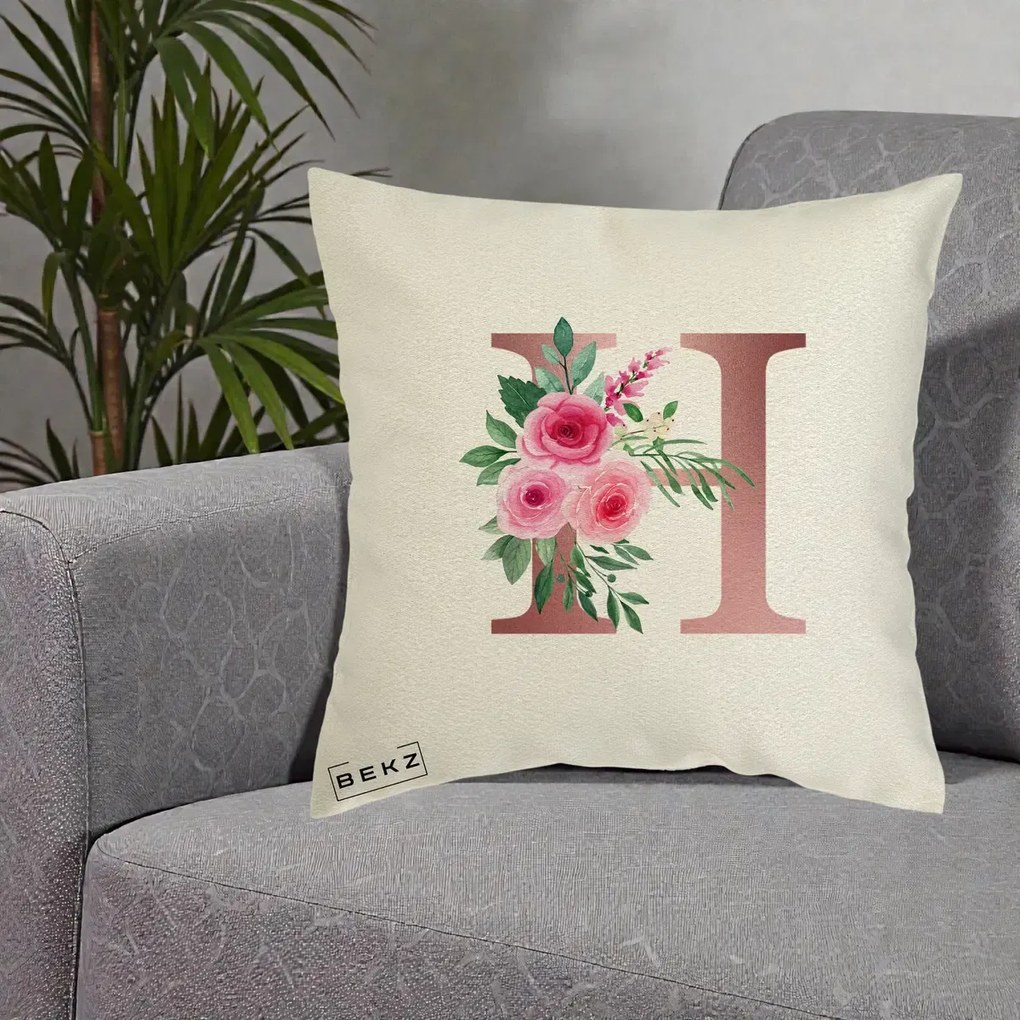 Cadou Personalizat - Perna Personalizata Monograma Rose Gold Litera H, 40x40 cm, Ecru, Husa Detasabila, Perna Inclusa, BEKZ®