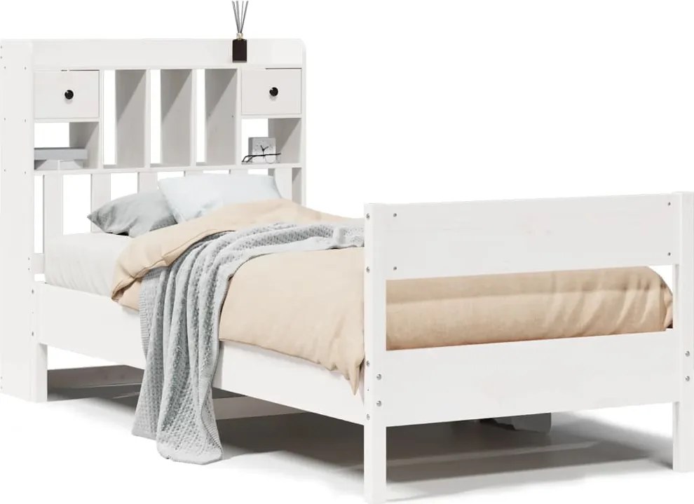 vidaXL Pat cu bibliotecă fără saltea, alb, 90x190 cm, lemn masiv pin