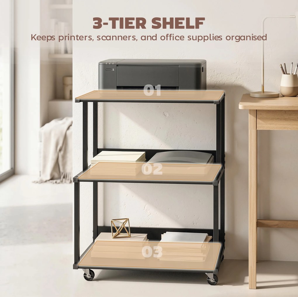 HOMCOM Suport pentru Imprimantă cu 3 Niveluri, Tavă Industrială Metalică pentru Birou, Negru | Aosom Romania