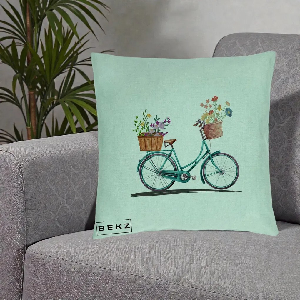 Perna Decorativa Bicicleta Florala Turcoaz Acuarela, 40x40 cm, Verde Menta, Husa Detasabila, Perna Inclusa, BEKZ®