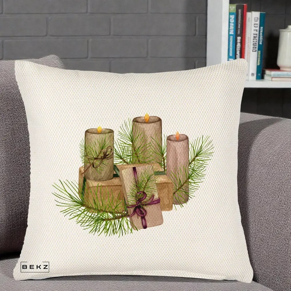Perna Decorativa Lumanari cu Cadouri Naturale, 40x40 cm, Crem Reliefat, Husa Detasabila, Perna Inclusa, BEKZ®