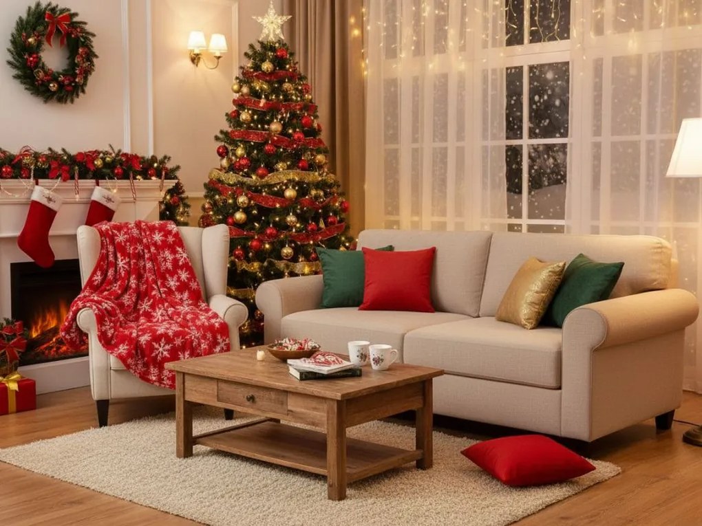 Patura de Craciun din microplus FROSTY FLAKES, rosie Dimensiune: 200 x 220 cm