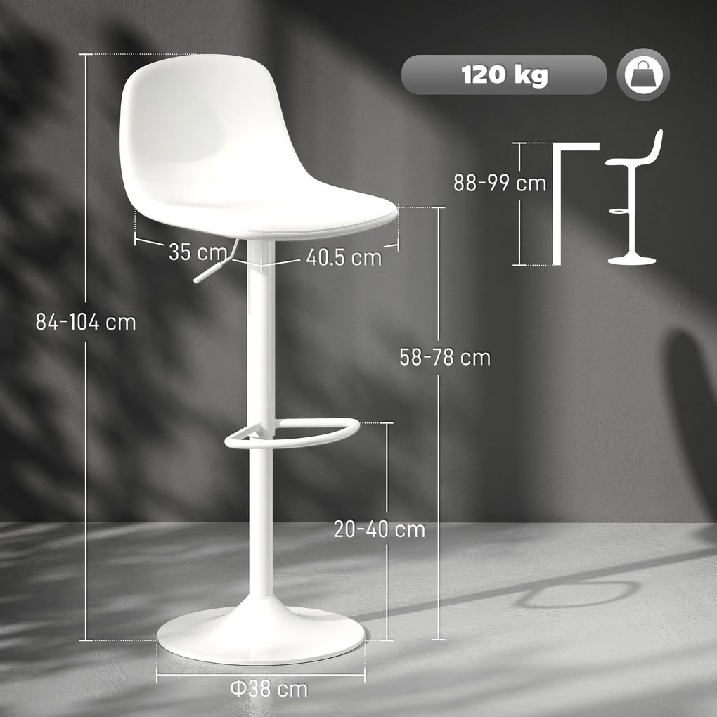 HOMCOM Set 2 Scaune de Bar cu Spătar și Suport pentru Picioare, Înălțime Reglabilă, Piele Ecologică PU, Alb | Aosom Romania