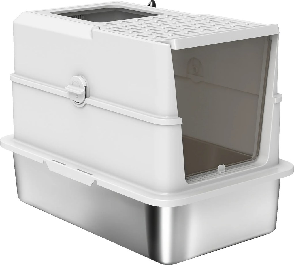 PawHut Tavă de litieră închisă pentru pisici, casă de toaletă din oțel inoxidabil pentru pisici, 60,2 x 40,2 x 43,7 cm, gri deschis | Aosom Romania