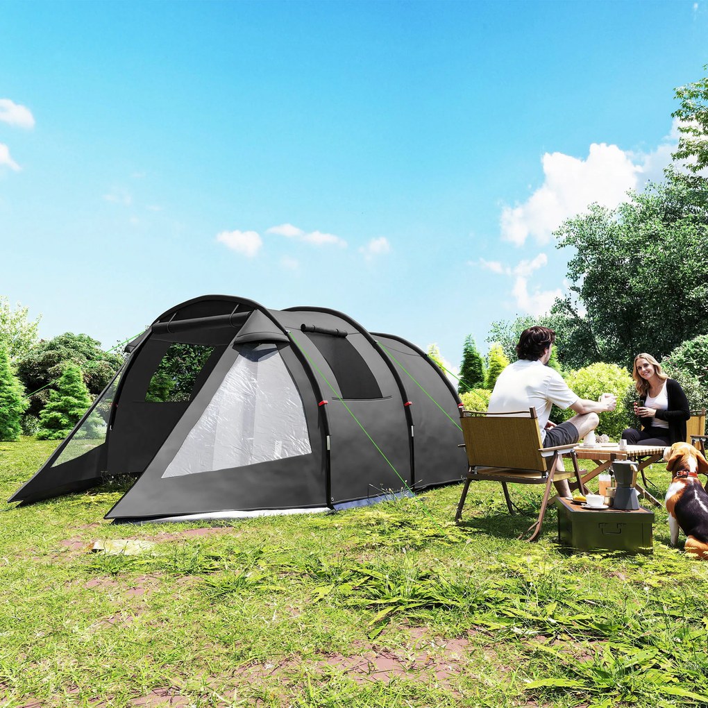 Outsunny Cort Tunel pentru 3-4 Persoane, Cort de Camping cu Doua Camere, cu Ferestre si Obloane, Geanta de Transport Portabila, pentru Pescuit, Drumetii, Sport, Festival, Negru | Aosom Romania