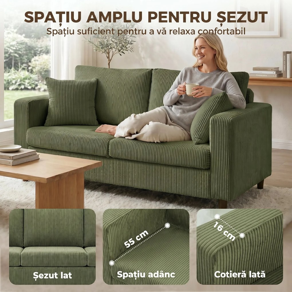HOMCOM Canapea cu 2 Locuri de 170 cm din Catifea cu Nervuri, Șezut Lat și Adânc, Picioare din Lemn Masiv, Verde | Aosom Romania