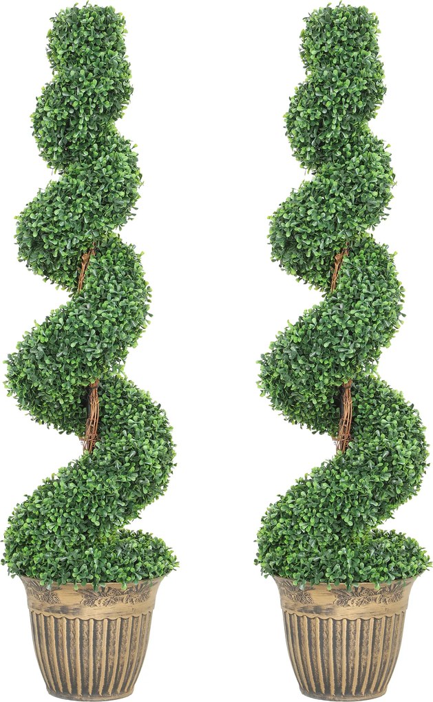 HOMCOM Set 2 plante artificiale buxus spiralate, 120 cm, cu ghiveci inclus, pentru decor interior și exterior, verde | Aosom Romania