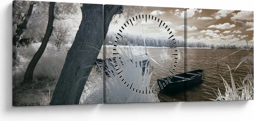 Tablou cu barca pe lac (cu ceas) (90x30 cm)