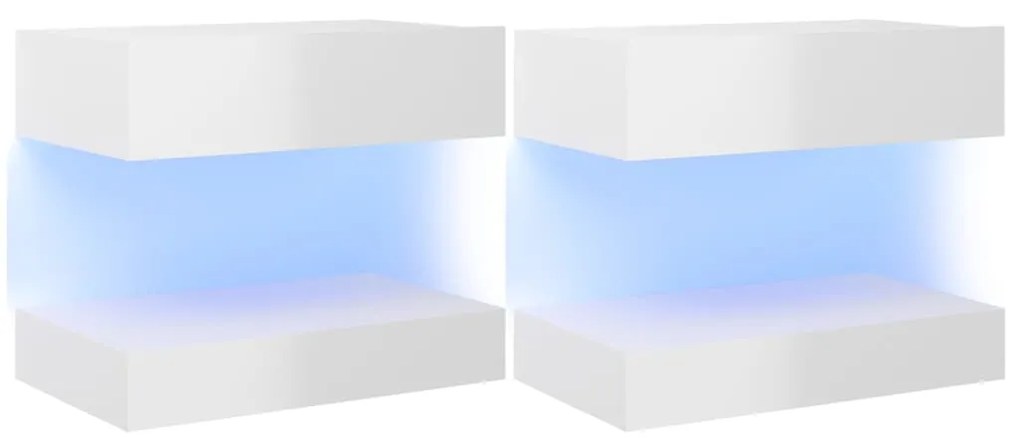 3079692 vidaXL Noptiere, 2 buc., alb extralucios, 60x35 cm, lemn prelucrat