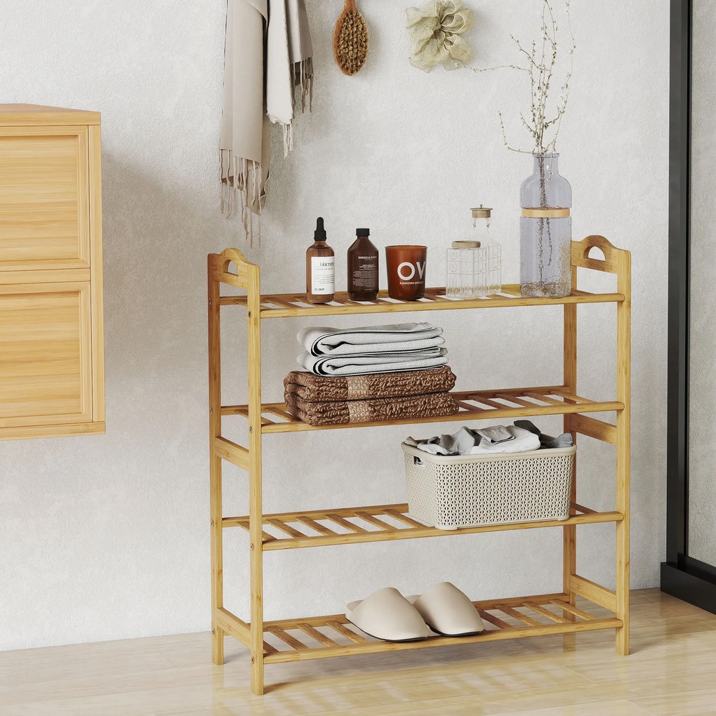HOMCOM Etajeră pentru pantofi din bambus cu 4 nivele, suport pentru 12 perechi, 67,5 x 24,7 x 72 cm, efect lemn natural | Aosom Romania