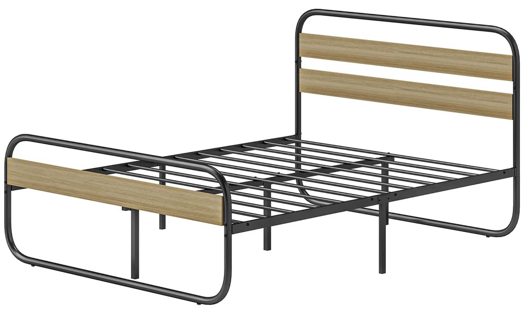 HOMCOM Pat dublu 140 x 190 cm, cadru de pat din oțel stil industrial, tăblie și somier incluse, aspect lemn | Aosom Romania
