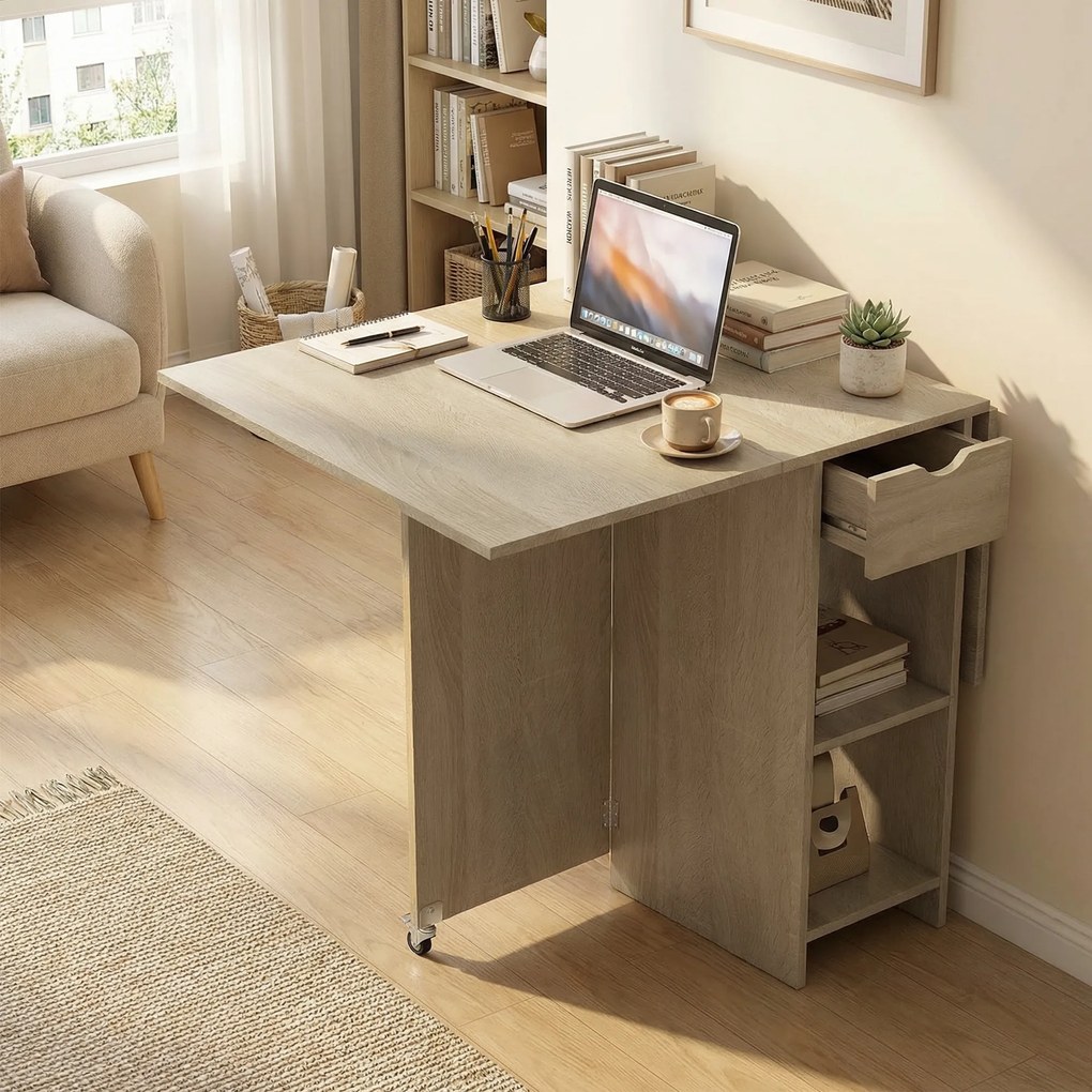 HOMCOM Masă pliabilă pentru 2-4 persoane, masă cu roți și compartiment deschis și sertar, ideală pentru spații mici, lemn natural | Aosom Romania