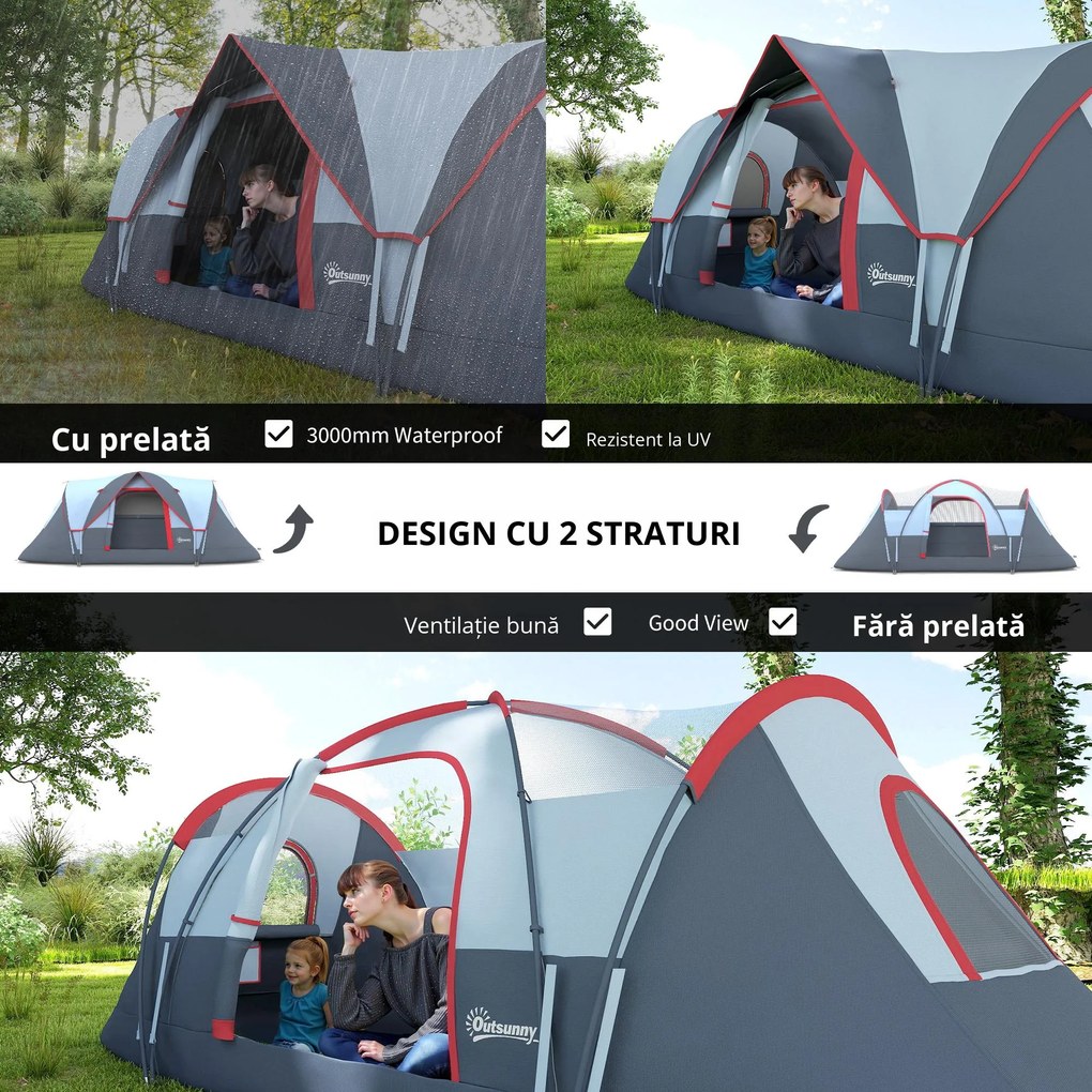 Outsunny Cort pentru Camping pentru 5-6 Persoane, Rezistent la Apa 3000mm si Protectie UV, Stalpi din fibra de sticla, 4.55x2.3x1.8m, Gri | Aosom Romania