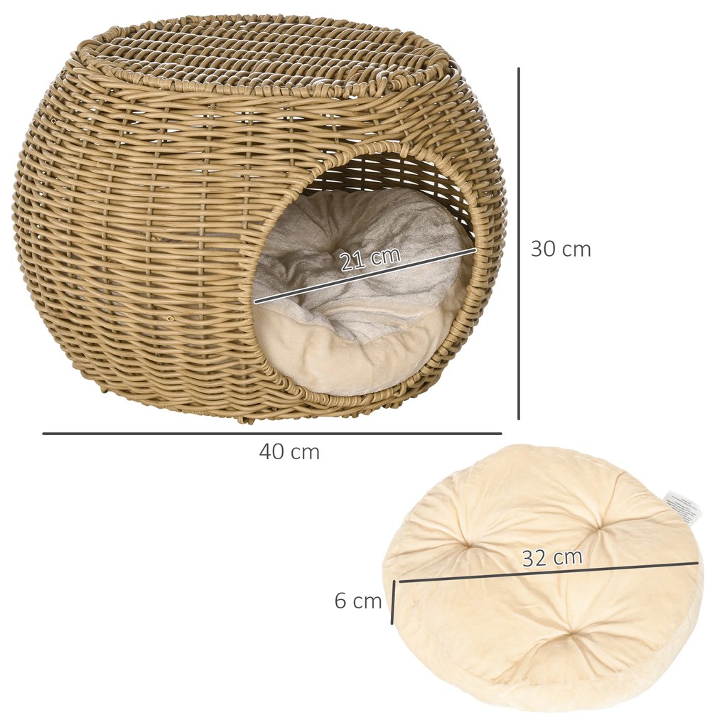 PawHut Niche coș casă pentru pisici 2 etaje din rășină împletită aspect răchită cu 1 pernă moale Ø 40 x 30 cm maro deschis | Aosom Romania