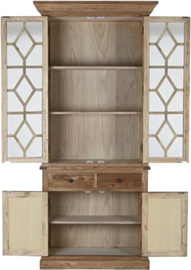 Bufet vitrină rustic din lemn de ulm reciclat, natur, cu 2 uși vitrate, 2 uși închise, 2 sertare și 3 rafturi, 220 x 100 x 45 cm, „Elmwood”