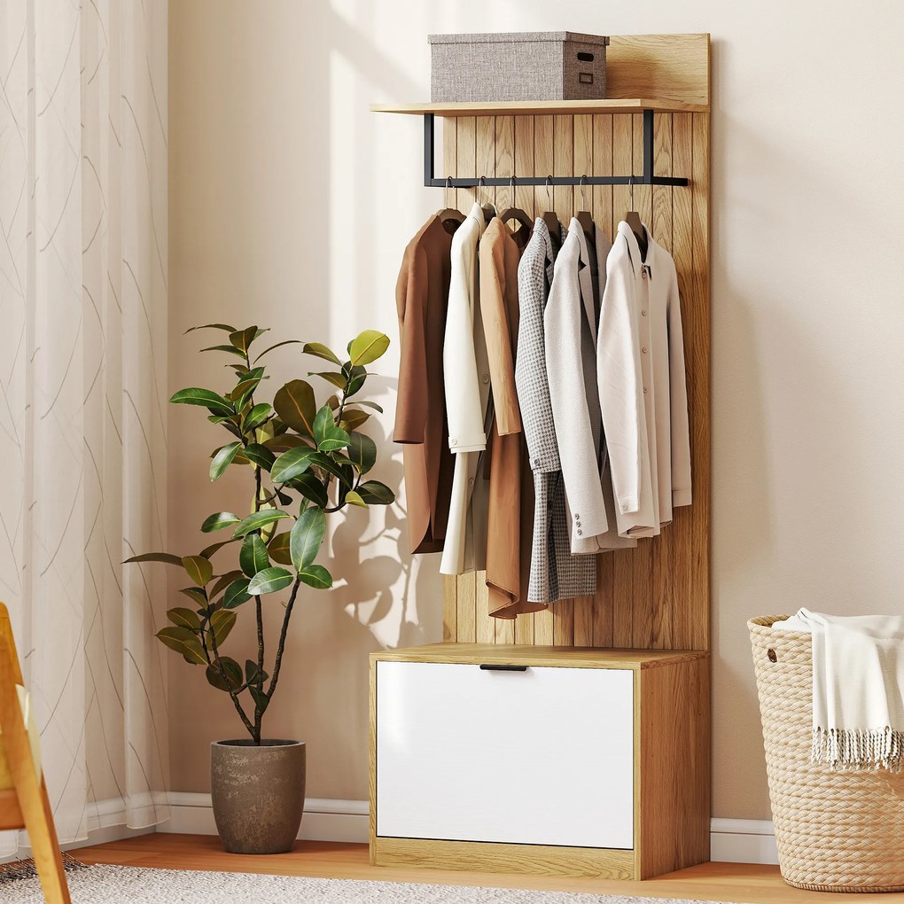 HOMCOM Cuier de Hol cu Pantofar Rabatabil, Cuier cu Bancă, 4 Cârlige și Rafturi pentru Pantofi, Organizator Modern pentru Hol și Coridor, Stejar și Alb | Aosom Romania