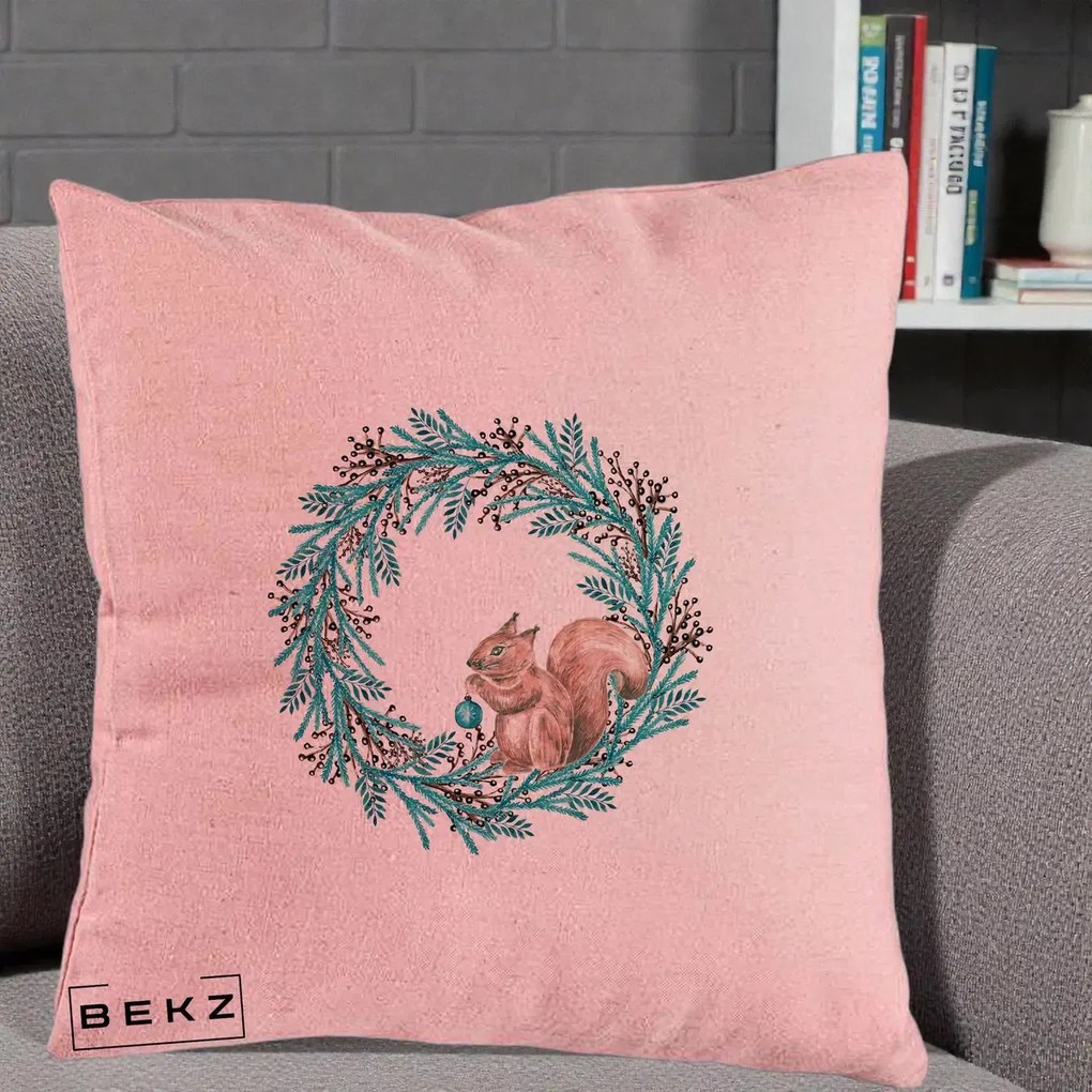 Perna Decorativa Coroana Turcoaz cu Veverita, 40x40 cm, Roz, Husa Detasabila, Perna Inclusa, BEKZ®