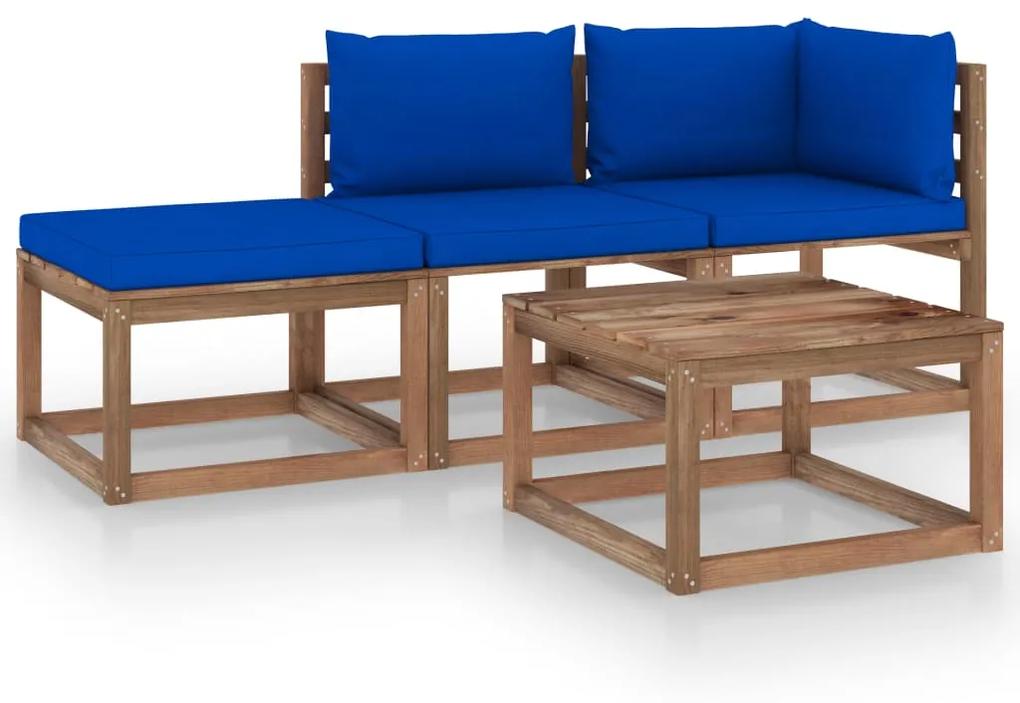 Set mobilier gradina paleti cu perne, 4 piese, lemn pin tratat Albastru, colt + mijloc + suport pentru picioare + masa, 1