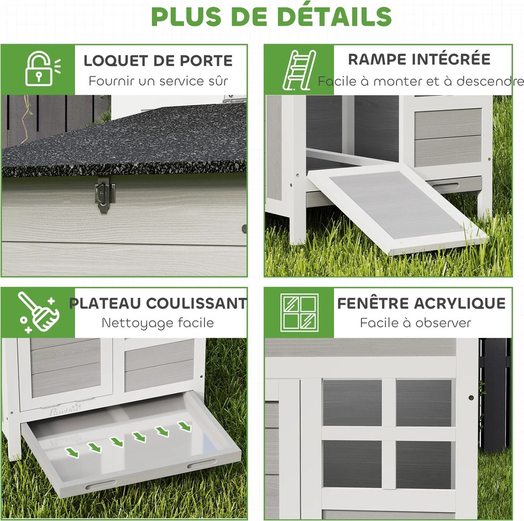 PawHut Coteț din lemn, acoperiș din asfalt și cuibar adăpost pentru 4 găini cu fereastră din acril 92 x 64 x 69 cm gri | Aosom Romania