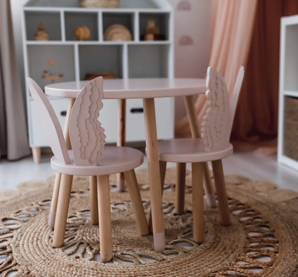 Set masuta rotunda roz si 2 scaunele ingeras roz