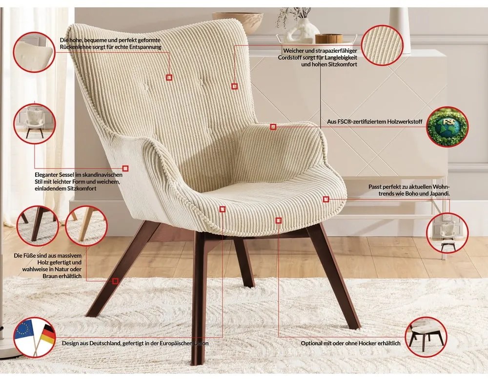 Fotoliu bej cu tapițerie din catifea reiată Niko – Ropez