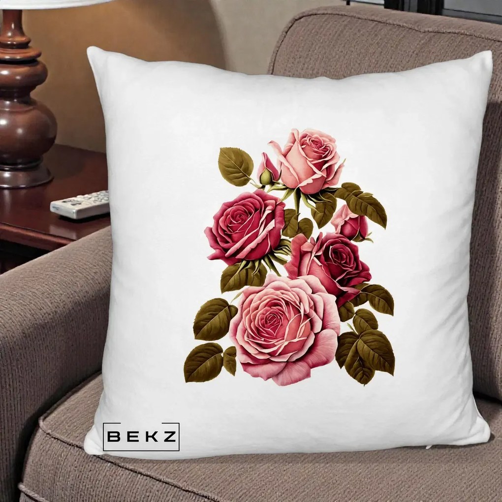Perna Decorativa Trandafiri Vintage Roz-Rosii, 40x40 cm, Alb Pufos, Husa Detasabila, Perna Inclusa, BEKZ®
