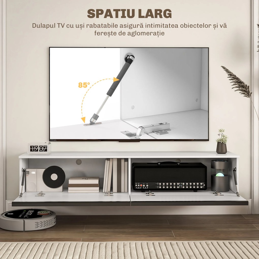 HOMCOM Dulap TV Suspendat cu 2 Dulapuri cu Uși Rabatabile, Alb Lucios | Aosom Romania