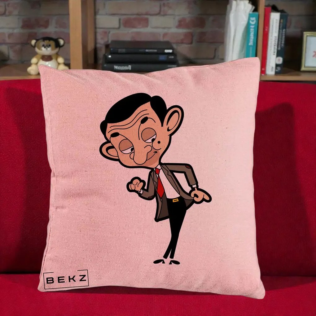 Perna Personalizata Mr. Bean Caricatura, 40x40 cm, Roz, Husa Detasabila, Perna Inclusa, BEKZ®