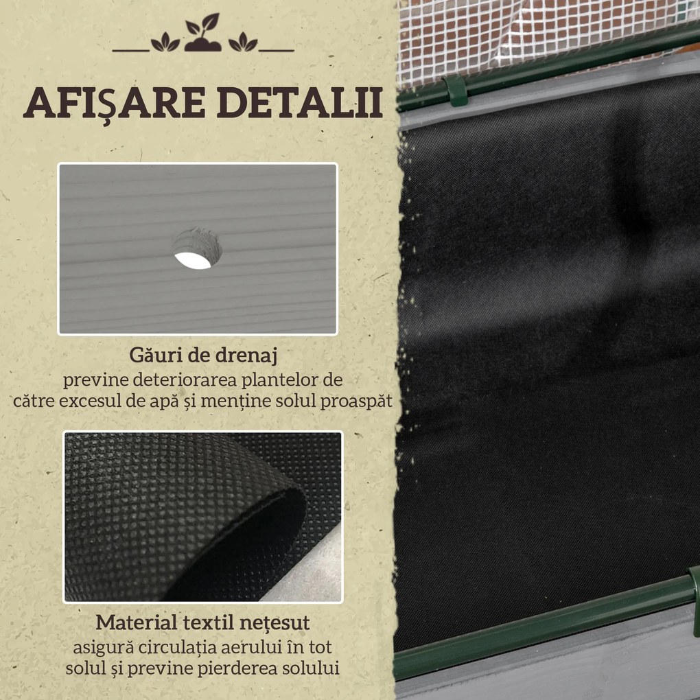 Outsunny Pat de Grădină Înălțat cu Acoperiș din PE, Jardinieră din Lemn pentru Exterior cu 4 Orificii de Drenaj, pentru Flori și Legume, pentru Grădină, Balcon, 121x55x117 cm, Gri Închis | Aosom Romania