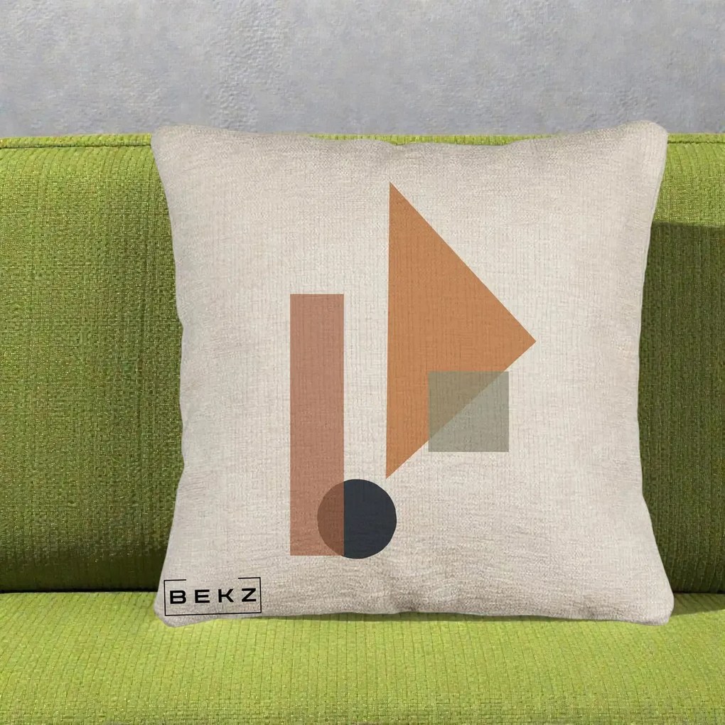 Perna Decorativa Geometric Bauhaus Triunghi, 40x40 cm, Bej Canapea, Husa Detasabila, Perna Inclusa, BEKZ®