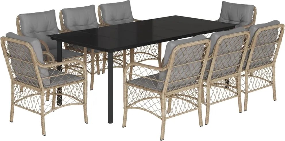 vidaXL Set de masă pentru grădină, 9 piese, cu perne, bej, poliratan