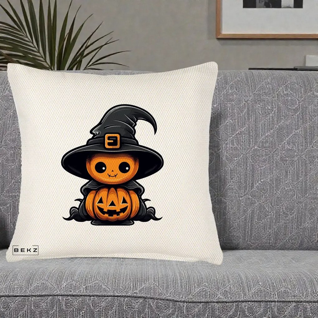 Perna Decorativa Halloween Dovleac Vrajitor Kawaii, 40x40 cm, Crem Reliefat, Husa Detasabila, Perna Inclusa, BEKZ®