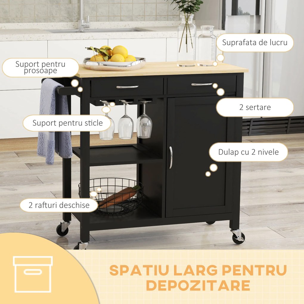 HOMCOM Cărucior de Bucătărie cu Sertare, Roți și Dulap cu 2 Uși 89x40x84 cm Negru | Aosom Romania