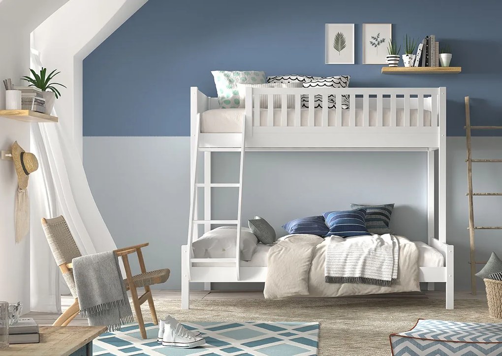 Pat supraetajat pentru familie SCOTT, alb, 140 x 200 cm + 90 x 200 cm, din pin scandinav și MDF, cu somiere incluse – Vipack