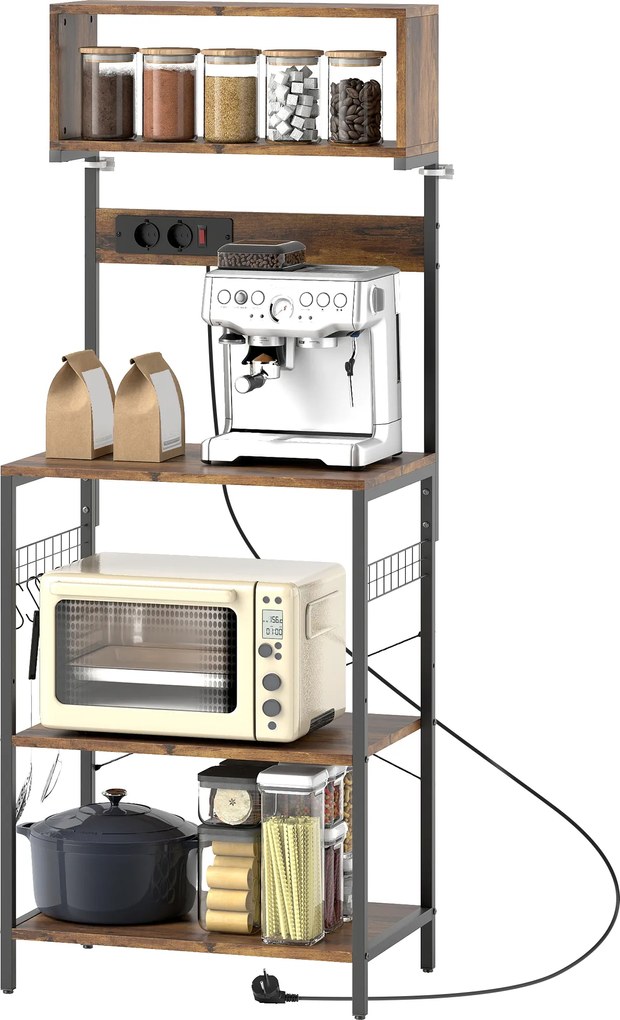 HOMCOM Raft de bucătărie, raft vertical cu 5 cârlige în S, 5 rafturi, priză, din oțel, Maro-rustic, 60 x 42 x 153 cm | Aosom Romania