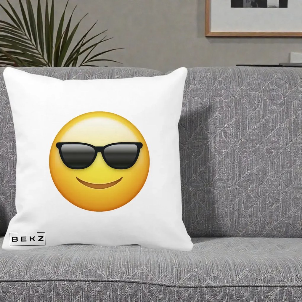 Perna Decorativa Emoji Cool Ochelari, 40x40 cm, Alba Mata, Husa Detasabila, Perna Inclusa, BEKZ®