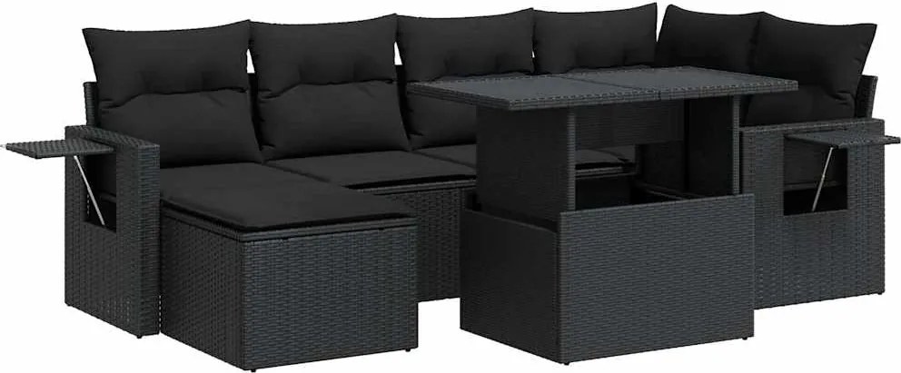 vidaXL Set canapele de grădină cu perne, 7 piese, negru, poliratan
