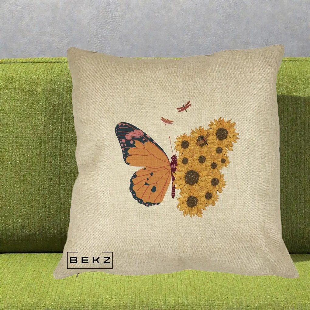 Perna Decorativa Fluture Floarea-Soarelui, 40x40 cm, Crem, Husa Detasabila, Perna Inclusa, BEKZ®