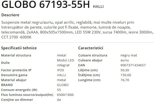 Lustra LED suspendata cu telecomanda design modern Halli negru, auriu