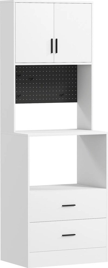 HOMCOM Dulap pentru Microunde cu Dulap, Blat de Lucru, Mobilă de Bucătărie cu 2 Sertare, Panou Metalic, 4 Cârlige, Raft Reglabil pentru Bucătărie, Sală de Masă, Living, Alb | Aosom Romania