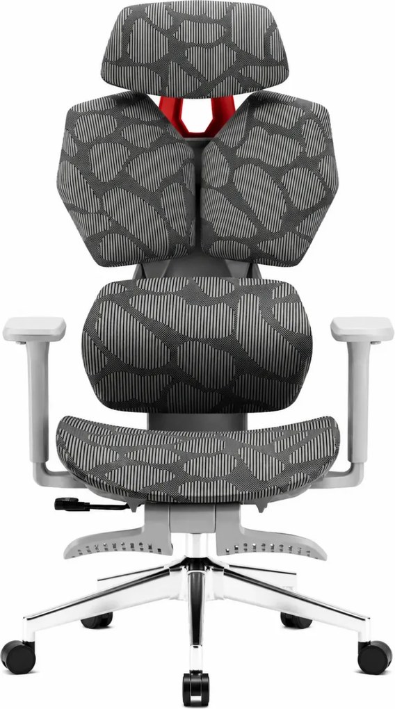 PORTO E04 Pro Executive – Scaun Ergonomic cu Suport Lombar Ajustabil, Tetieră Reglabilă, Cotiere 3D, Șezut Extensibil, Înclinare 135°, Suport pentru Picioare și Bază Metalică, Mesh, Gri