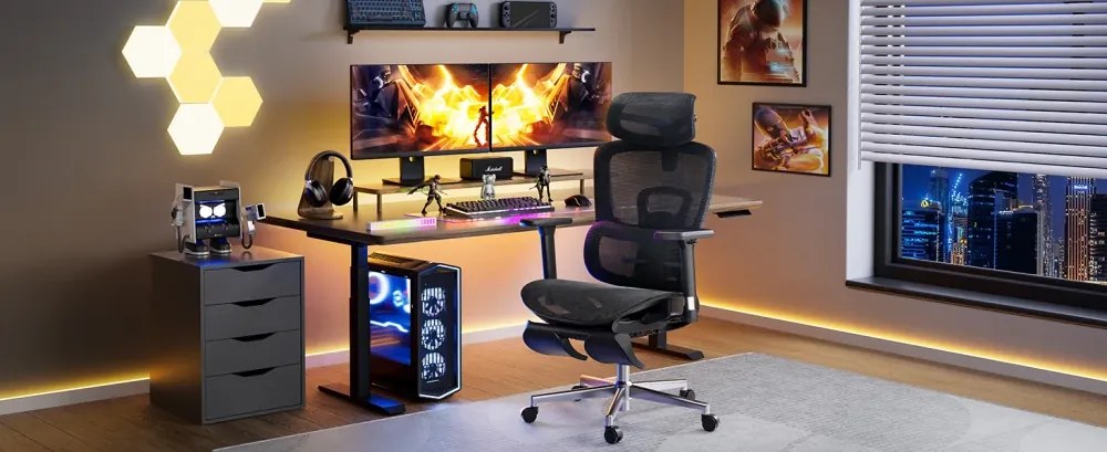 HBADA E2 Scaun ergonomic, cotiere reglabile 3D, suport lombar reglabil, spătar reglabil inaltime, pivotant, suport picioare, Negru