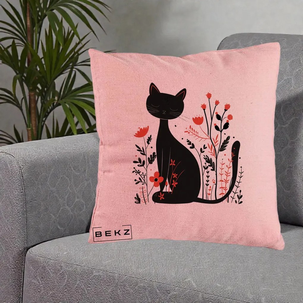 Perna Decorativa Pisica Neagra Flori Rosii Folk Minimal, 40x40 cm, Roz, Husa Detasabila, Perna Inclusa, BEKZ®