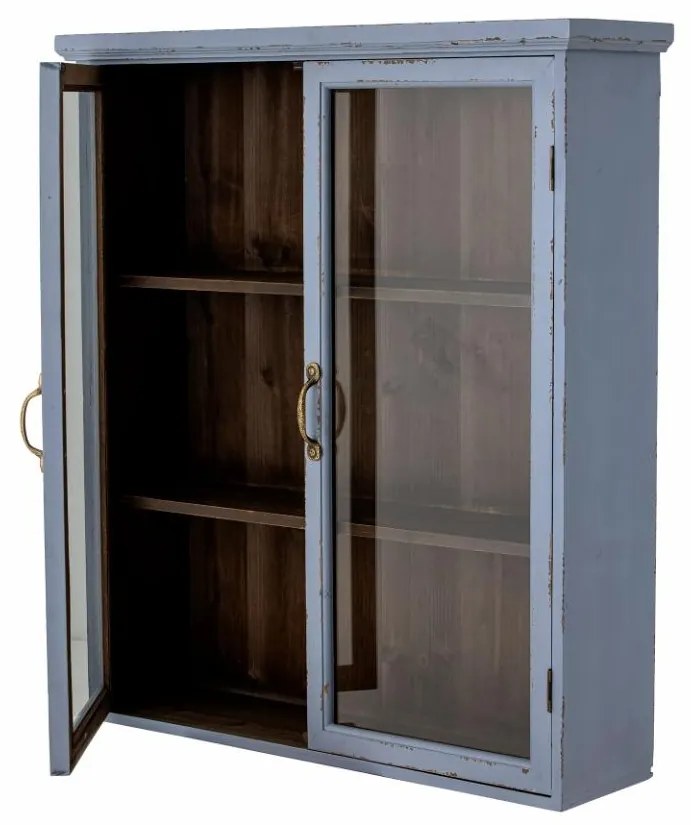 Vitrina albastra, din lemn cu aspect vintage, 3 rafturi, Hazem