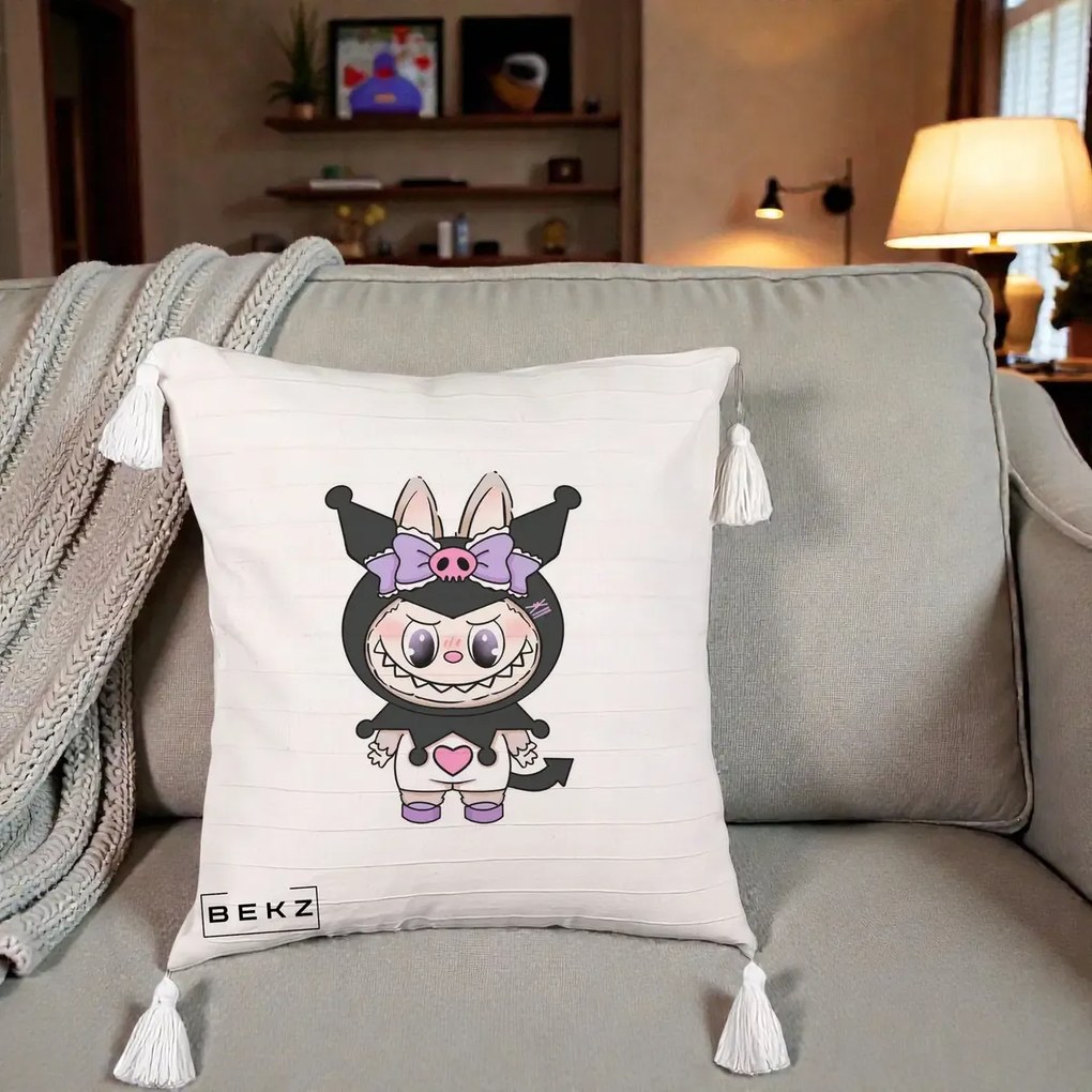 Perna Personalizata Labubu x Kuromi, 40x40 cm, Bej cu Franjuri, Husa Detasabila, Perna Inclusa, BEKZ®