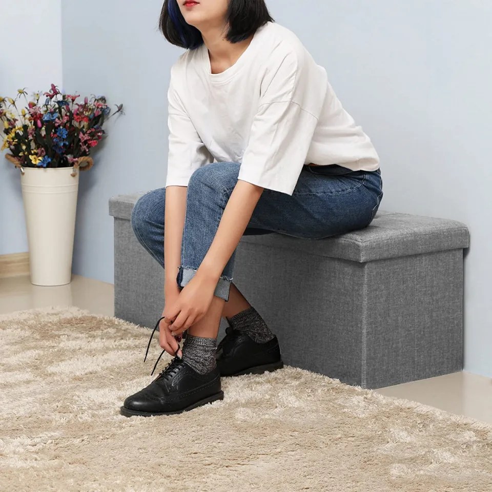 Bancheta cu spatiu depozitare, textil / MDF, gri, Songmics, LSF77G