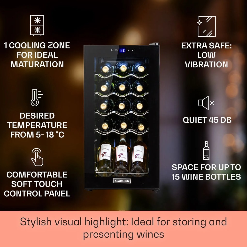Klarstein Shiraz 15 Slim Uno, frigider pentru vin, 44 l, tactil, 135 W, 5 - 18 °C, negru