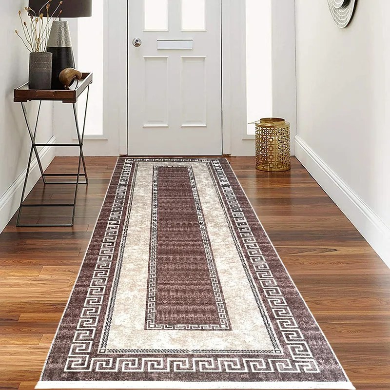 Traversa hol antiderapanta, 80x300 cm, poliester, bej-maro, model clasic