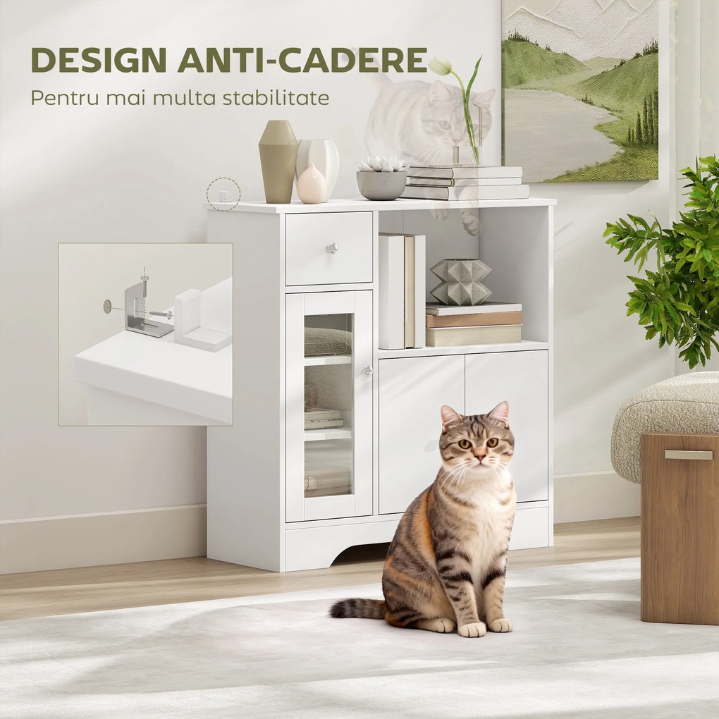 HOMCOM Credență Bufet cu Compartiment Deschis, Sertar, 3 Rafturi și Dulap cu 2 Uși, din Lemn, 80x30x82 cm, Alb | Aosom Romania